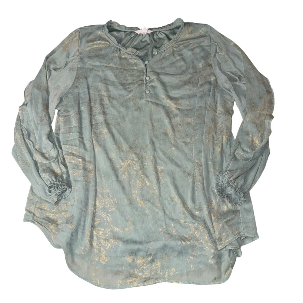 LC Lauren Conrad Blouse 3X Sage Green Gold Floral Ruffle Henley‎ Long Sleeve Top